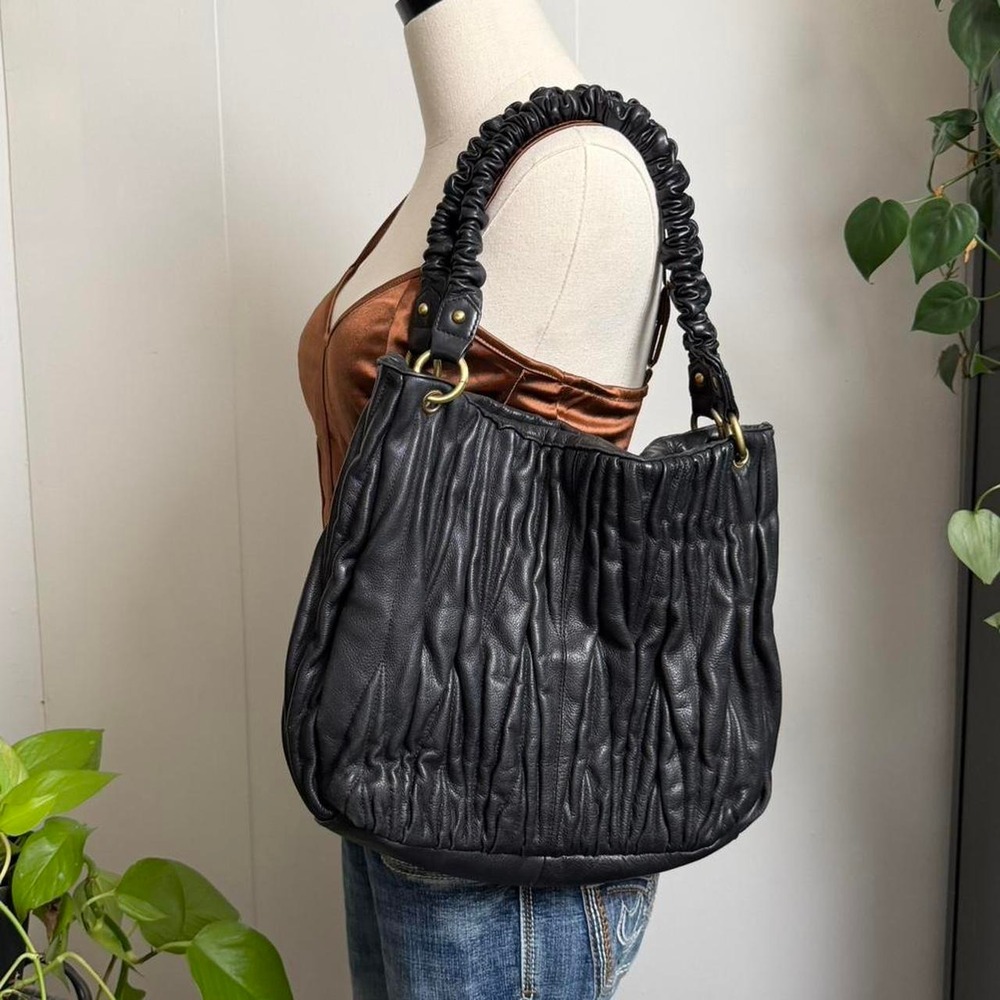 Paradox Leather Black Ruched Nappa Leather Shoulder Bag Gold Hardware